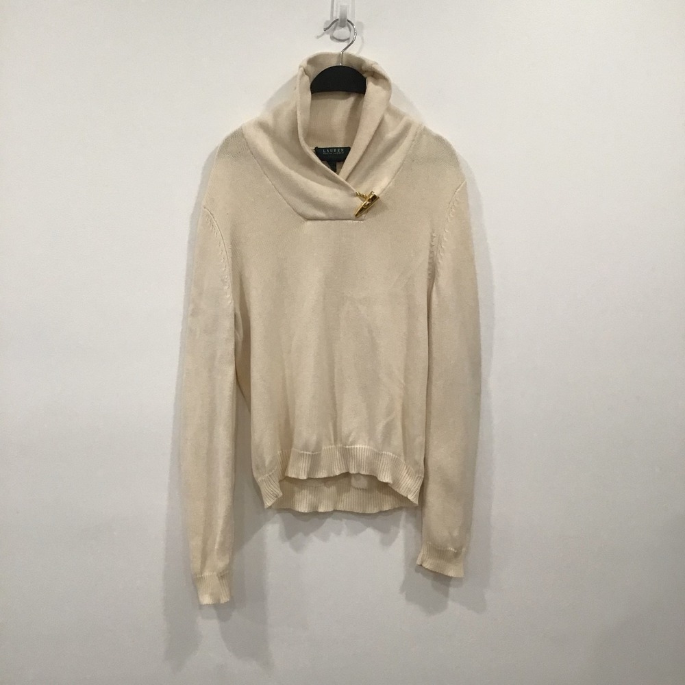 Lauren Ralph Lauren Sweater Womens Small Cream Cotton Toggle Shawl Pullover